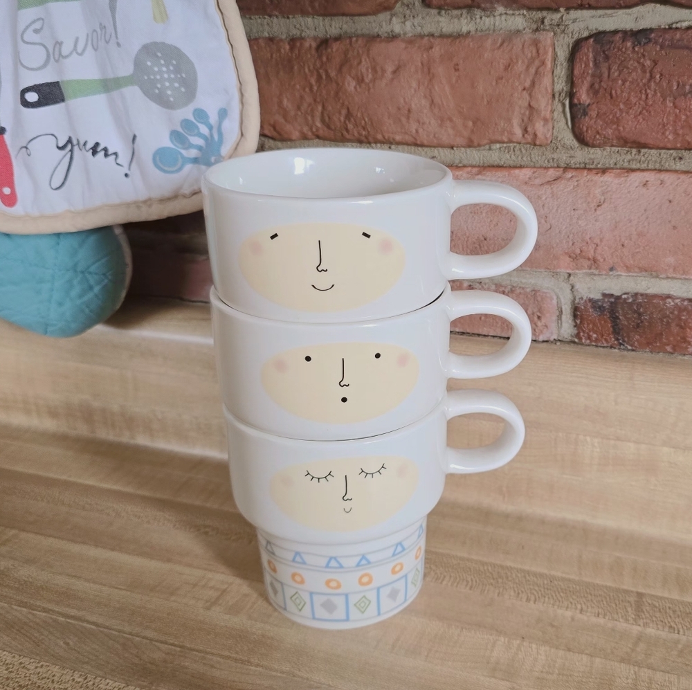Stackable White Ceramic Face Mugs with Pastel Accents - Set of 3